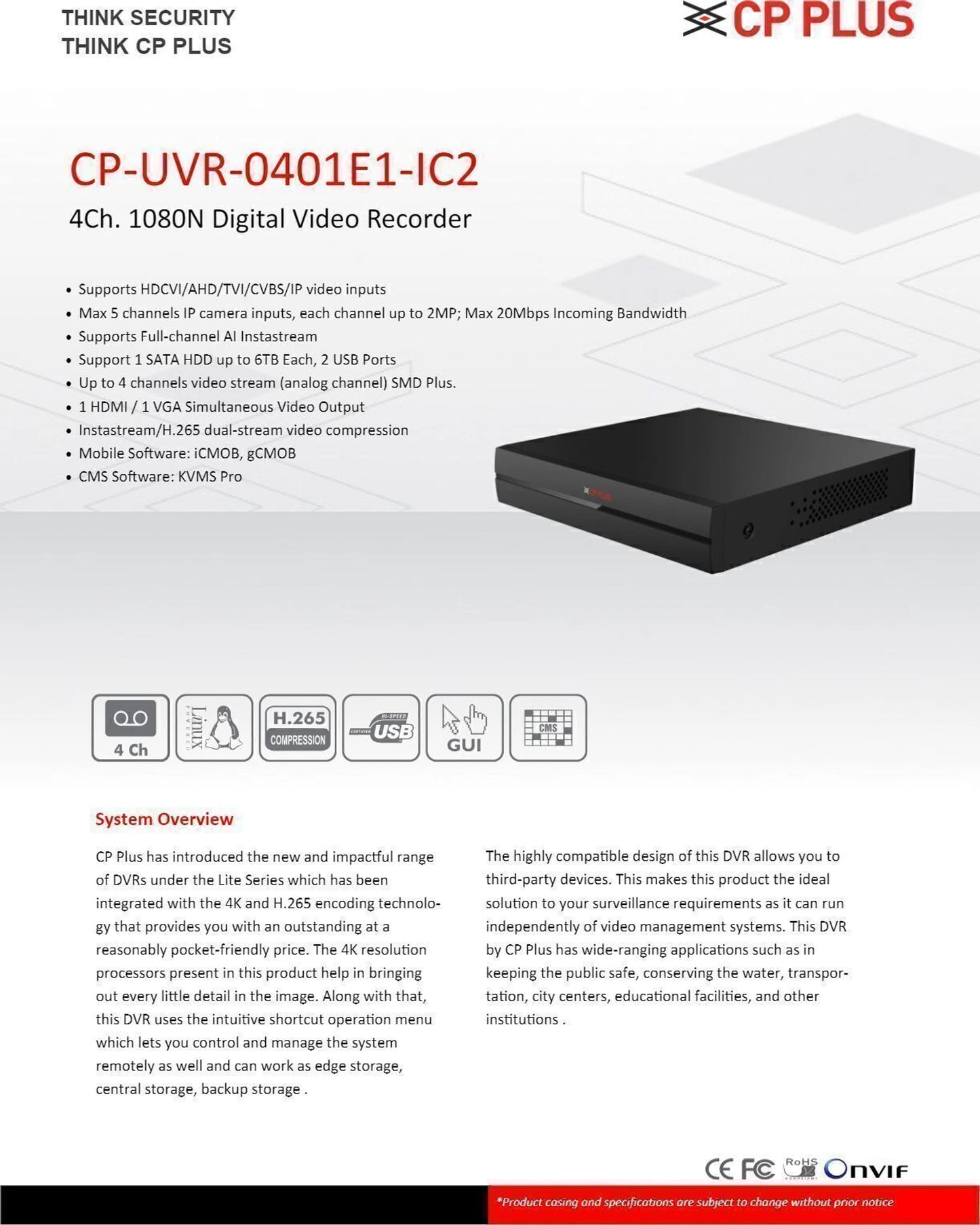 CP PLUS 1080 4 Channel HD DVR (CP-UVR-0401E1-IC /CV2/ CV5)